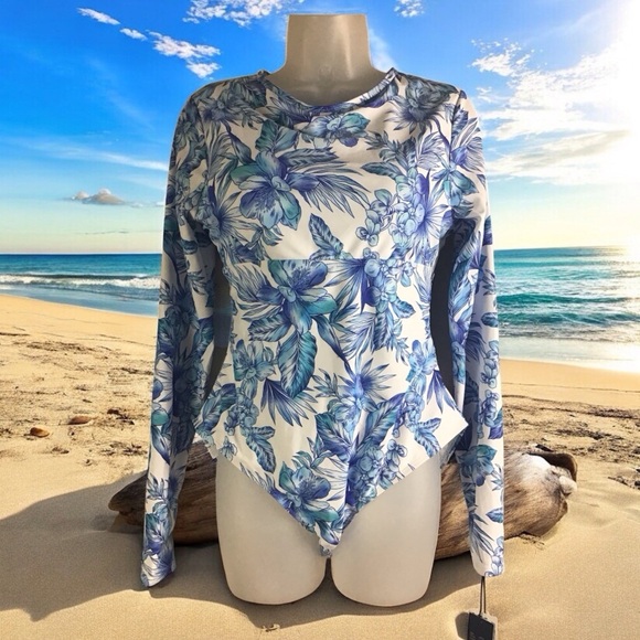 Caribbean Joe long sleeve open back blue and white floral swimsuit large Nwt - Picture 1 of 6